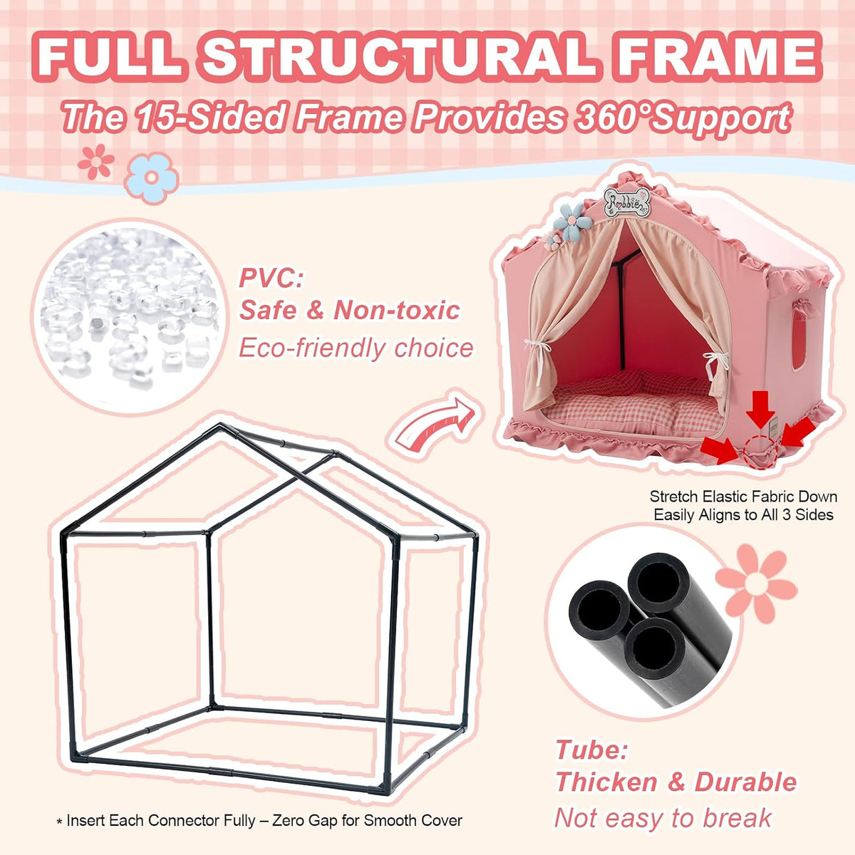 Indoor Dog House with Frame, Cute Dog Tent Bed with Cover Cave - Large ( 25" × 25" × 25" ) / Pink - image 2