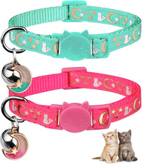 Baeuppit 2PCS Breakaway Cat Collars with Bell Moons Stars Cute Kitty - Neck 6.9-10.7 in / Pink&Teal