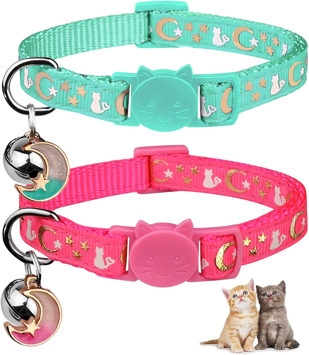 Baeuppit 2PCS Breakaway Cat Collars with Bell Moons Stars Cute Kitty - Neck 6.9-10.7 in / Pink&Teal