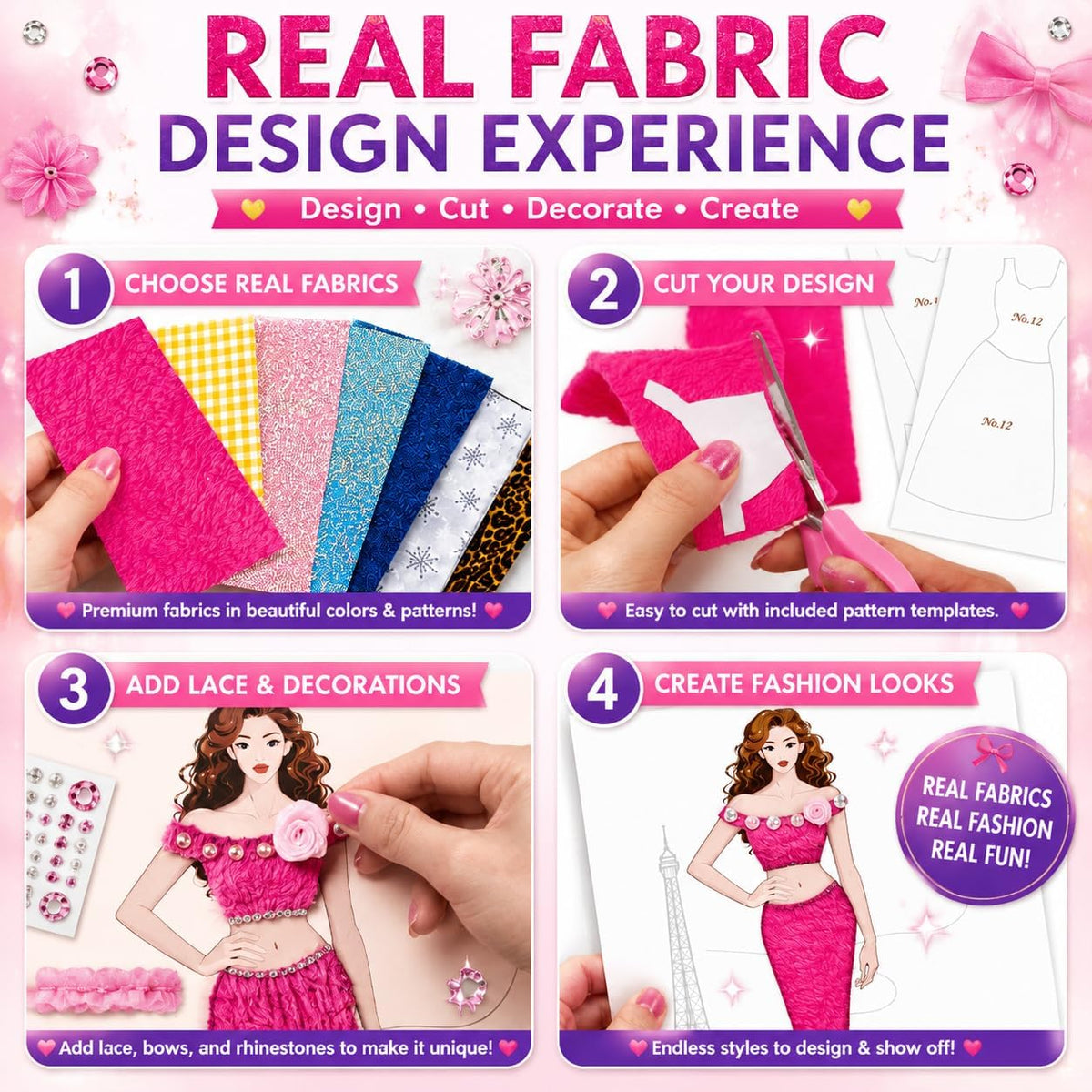 AGENTLAN fashion designer kit for girls with mannequins, fabrics, ribbons and rhinestones - view 7