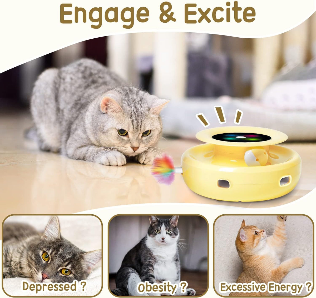ORSDA 2in1 Interactive Toys for Indoor Cats, Timer Auto On/Off - Butter Yellow - image 4