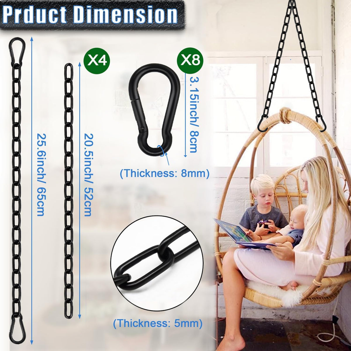 2 Pack Hanging Swing Chain with 4 Carabiners 25in, Swing Chairs - Black / 25in×4pcs - image 2