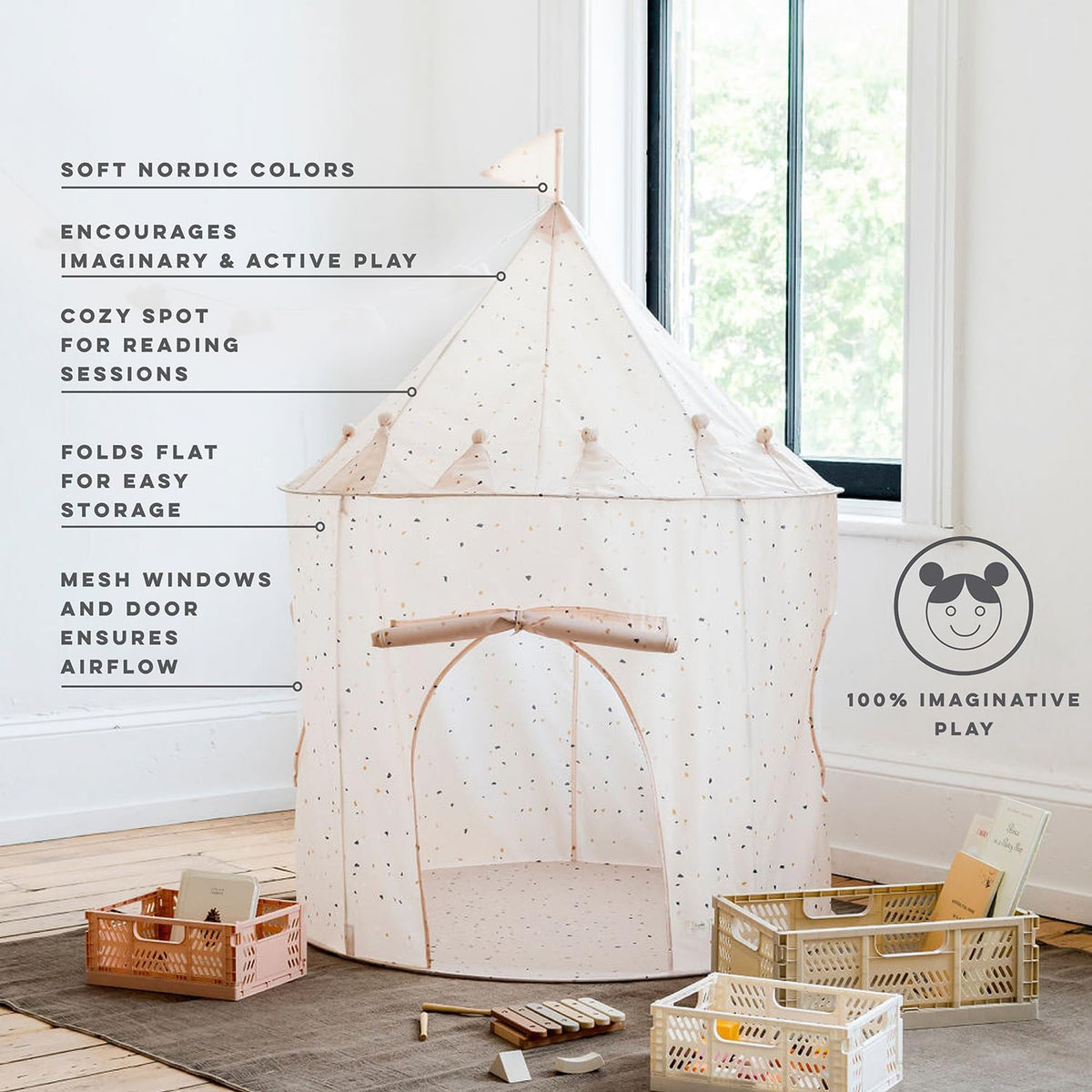 3 Sprouts Kids Play Tent for Ages 3 to 10 - Terrazzo Beige - image 4