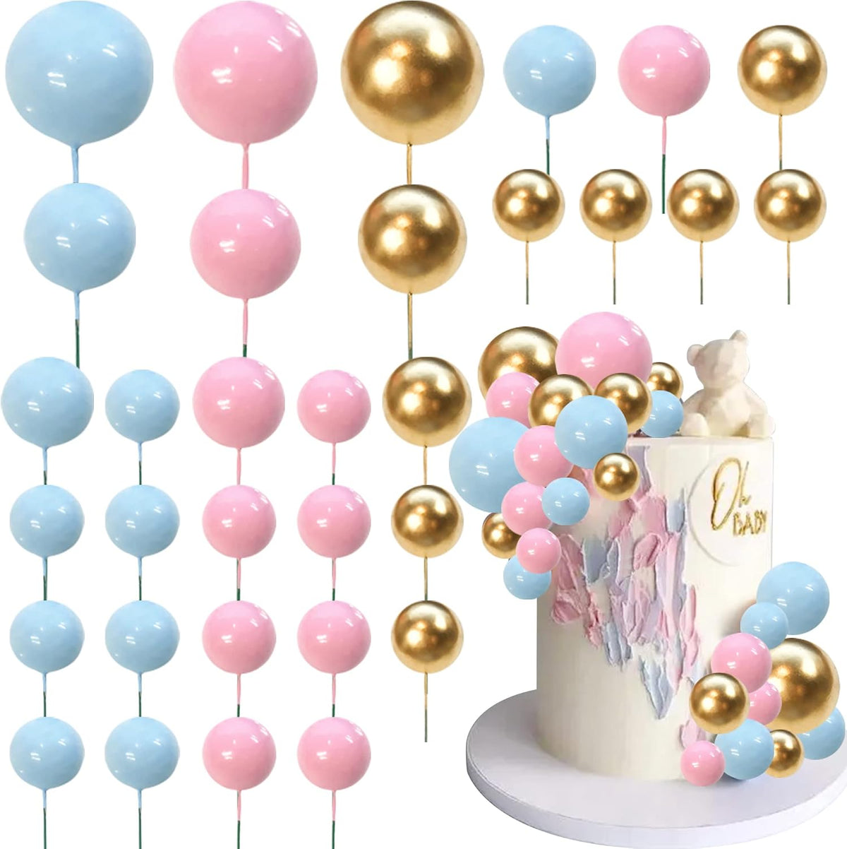 32 PCS Colorful Ball Shaped Cake Topper Pearl Balls Cupcake Cake - Gold Pink Blue