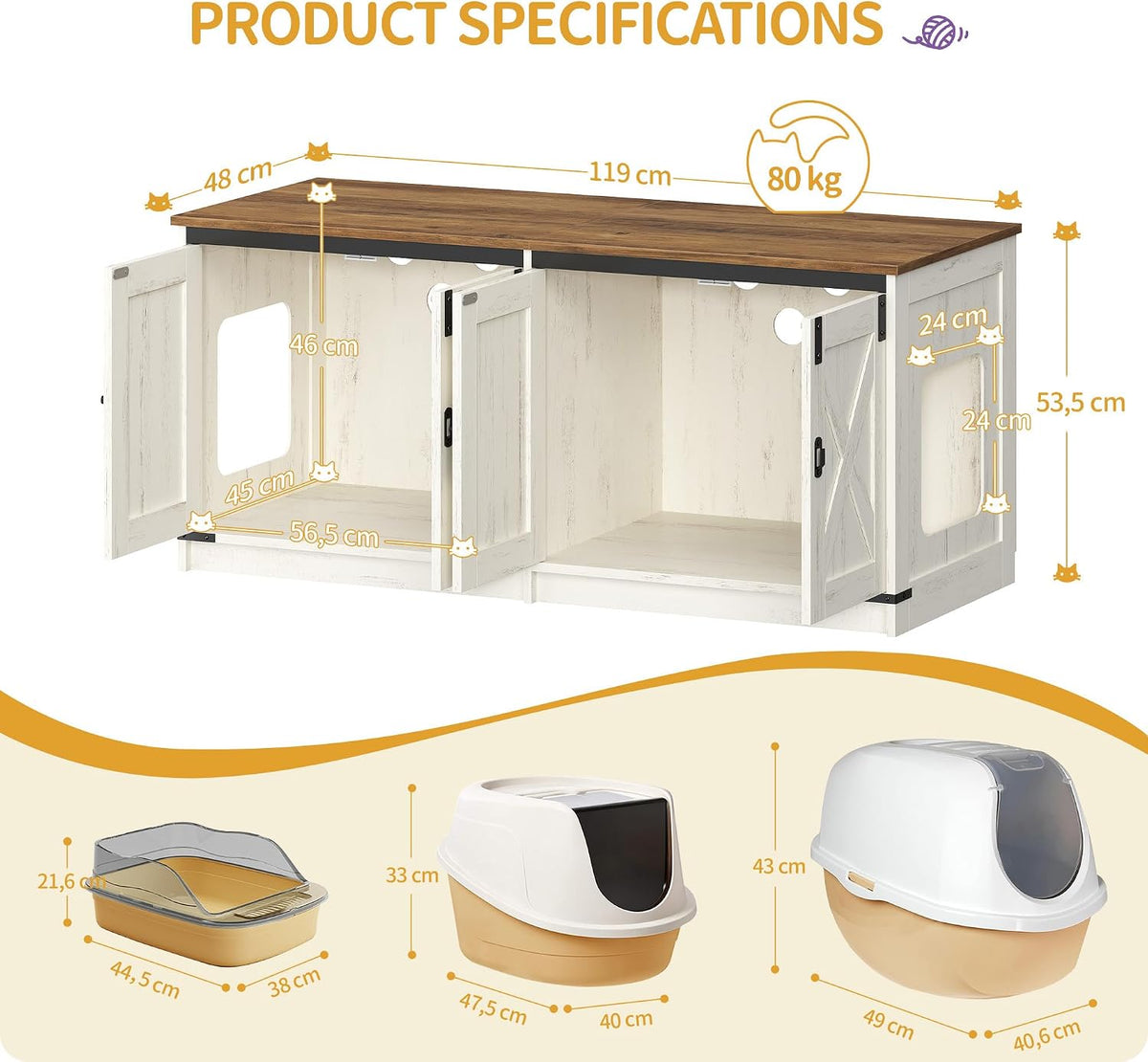 Hzuaneri Cat Litter Box Enclosure - Rustic Brown and White / 46.7"L x 18.9"W x 21.1"H - image 2