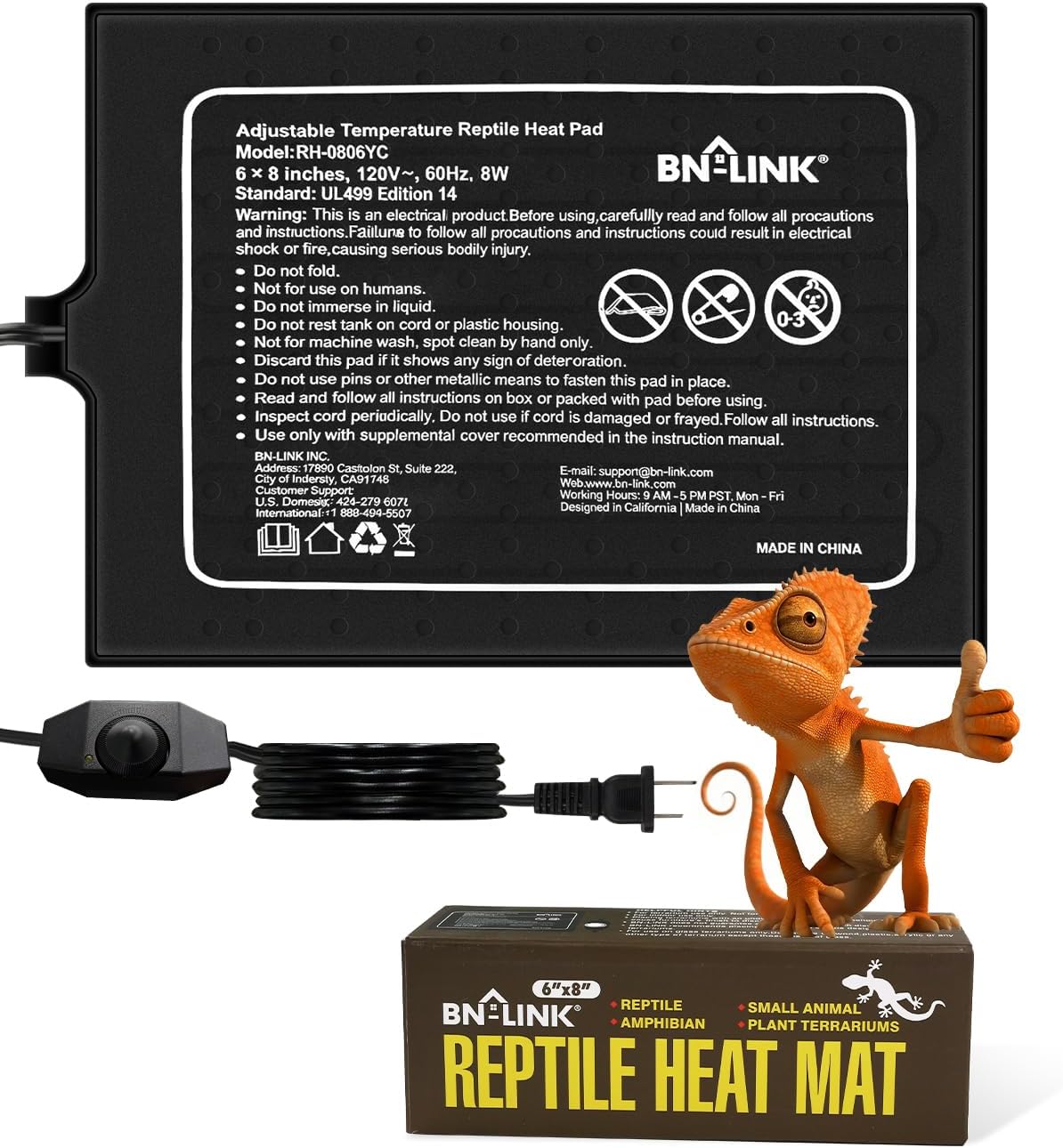 BN-LINK Reptile Heat Pad 6"X8" 8W for 10-20gal Under Tank Terrarium - 6"X 8" with Adjust Knob