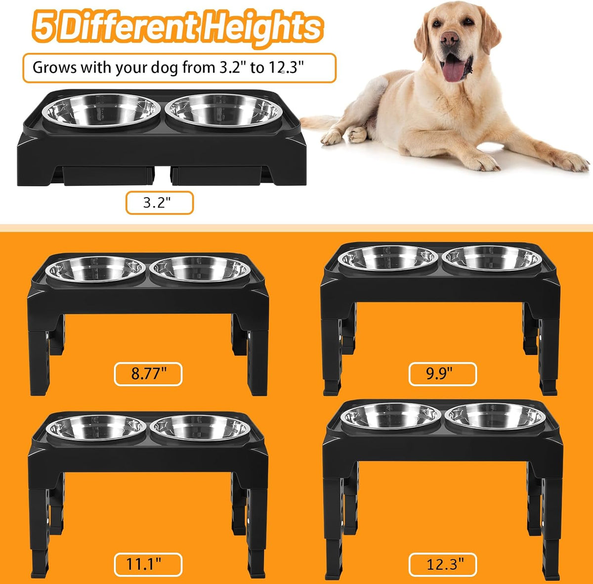 Hubulk Elevated Dog Bowls with 2 Stainless Steel Dog Food & Water - M (8" for M/L Dogs) / Black - image 2