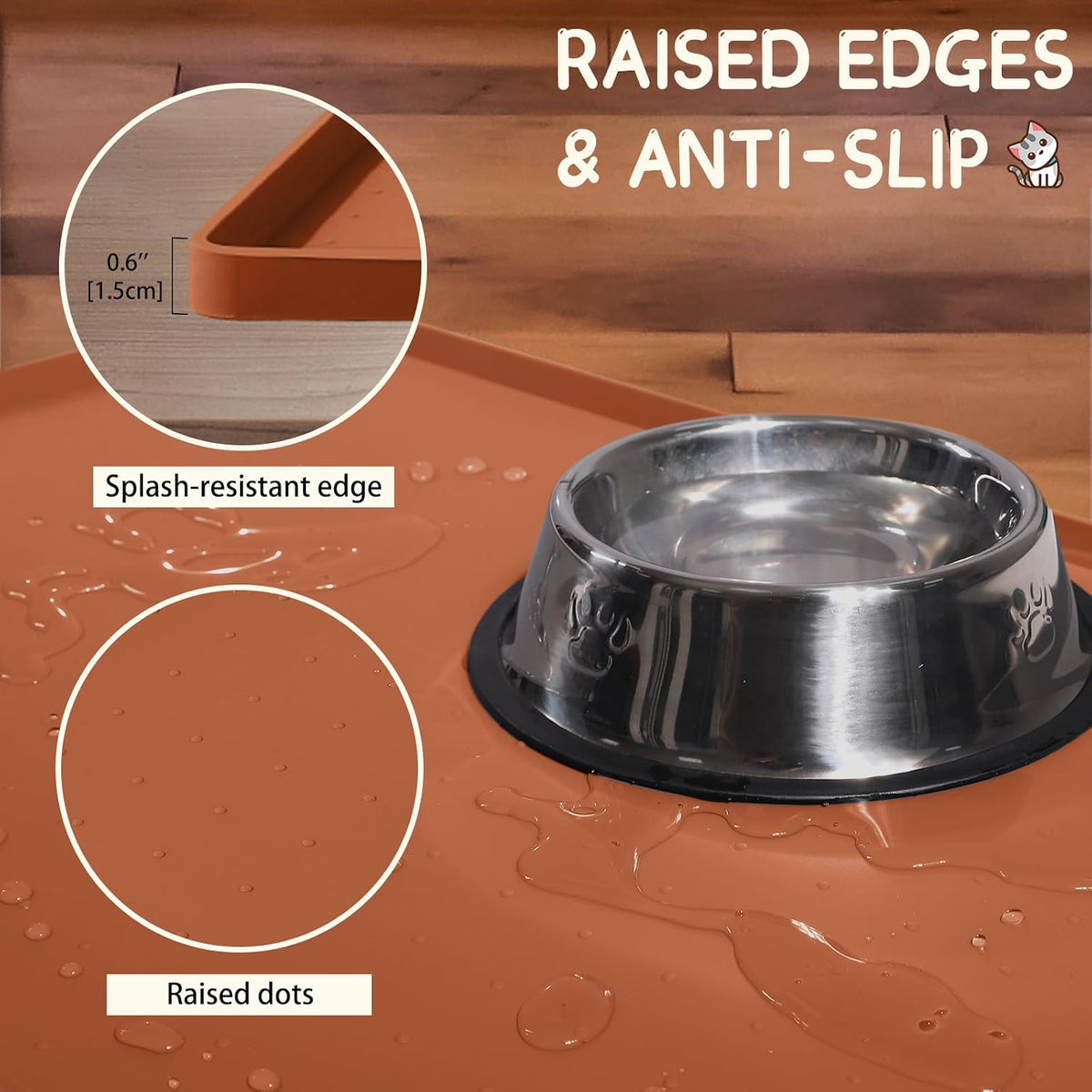 MateeyLife Silicone Cat & Dog Food Mat for Floors Waterproof - Brown / 22"L x 14"W - image 3