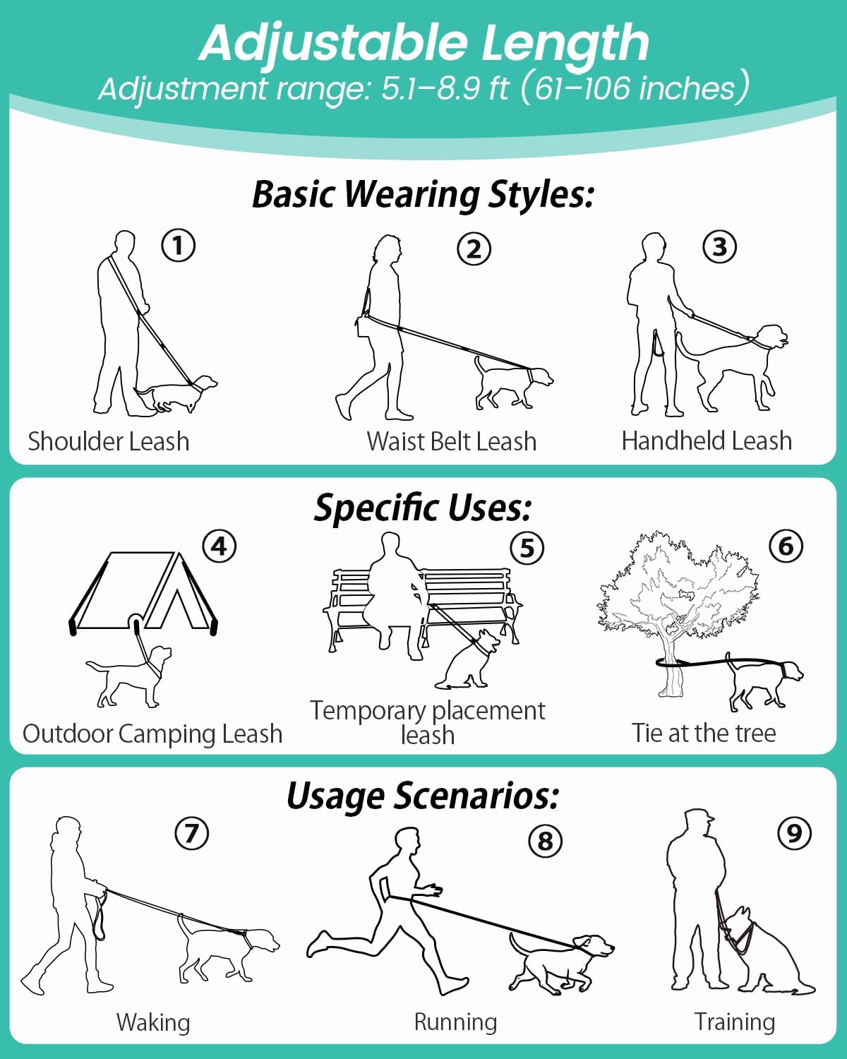 Hands Free Dog Leash, 5.1-8.9ft Crossbody Leash for Dog Walking – Essentials for Dogs - Grey Green - image 2