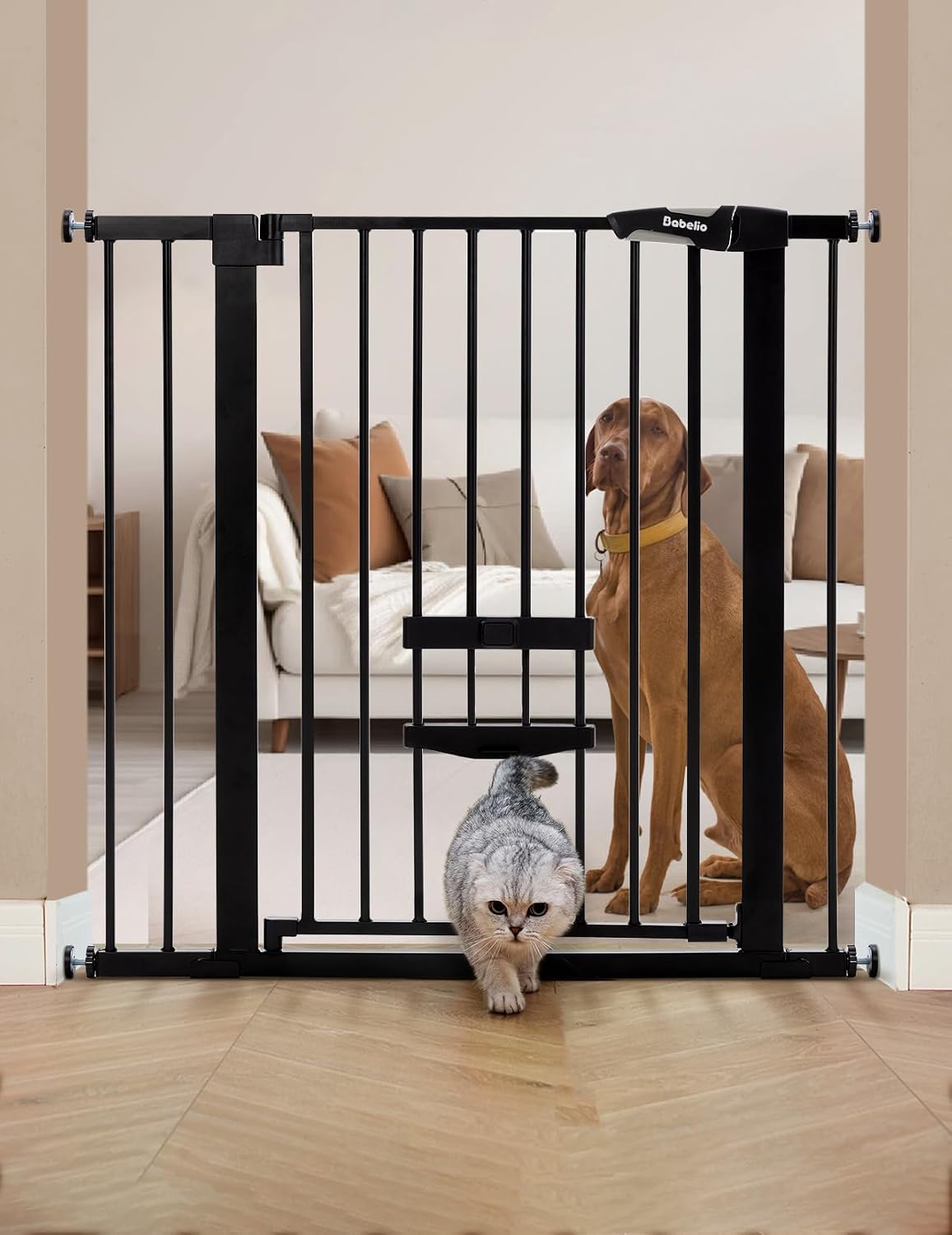 Babelio 36" Tall Pet Gate with Cat Door, CatPrivilege II, 29-40" - Black / 29-40" Wide, 36" Tall