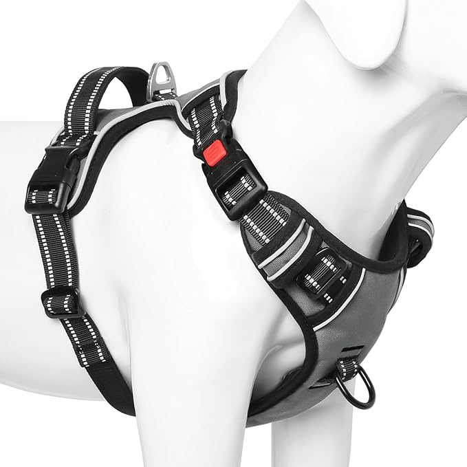 Timos Dog Harness Small Sized, No Pull with Neck Lockable Snap,No Choke Front Clip Dog Reflective Harness,Adjustable Metal Rings 3 Buckles,Easy Control Handle for Small Dogs Gray S