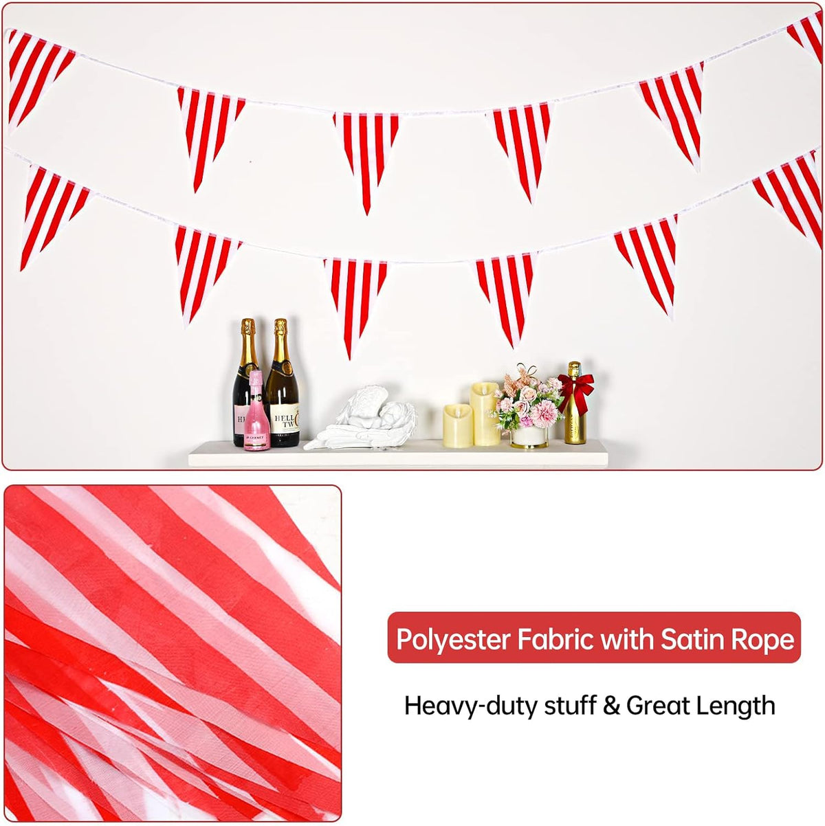 RUBFAC 170ft 120pcs Red White Striped Pennant Banner – Fun for Kids & Family - red and white / 170 Feet - image 3
