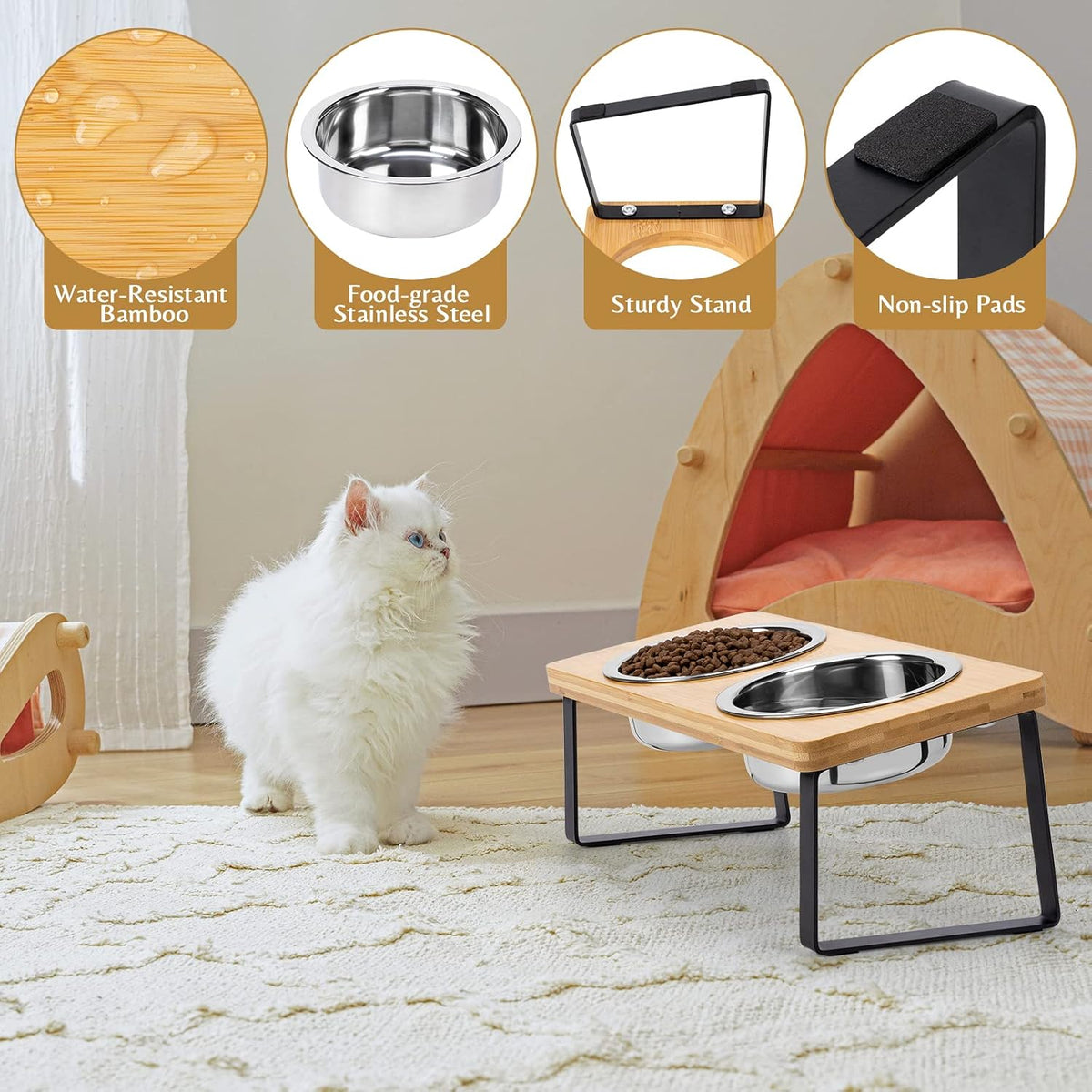 Elevated Cat Food Bowl for Indoor Cats - 2 Bowls / Wood Color - image 3