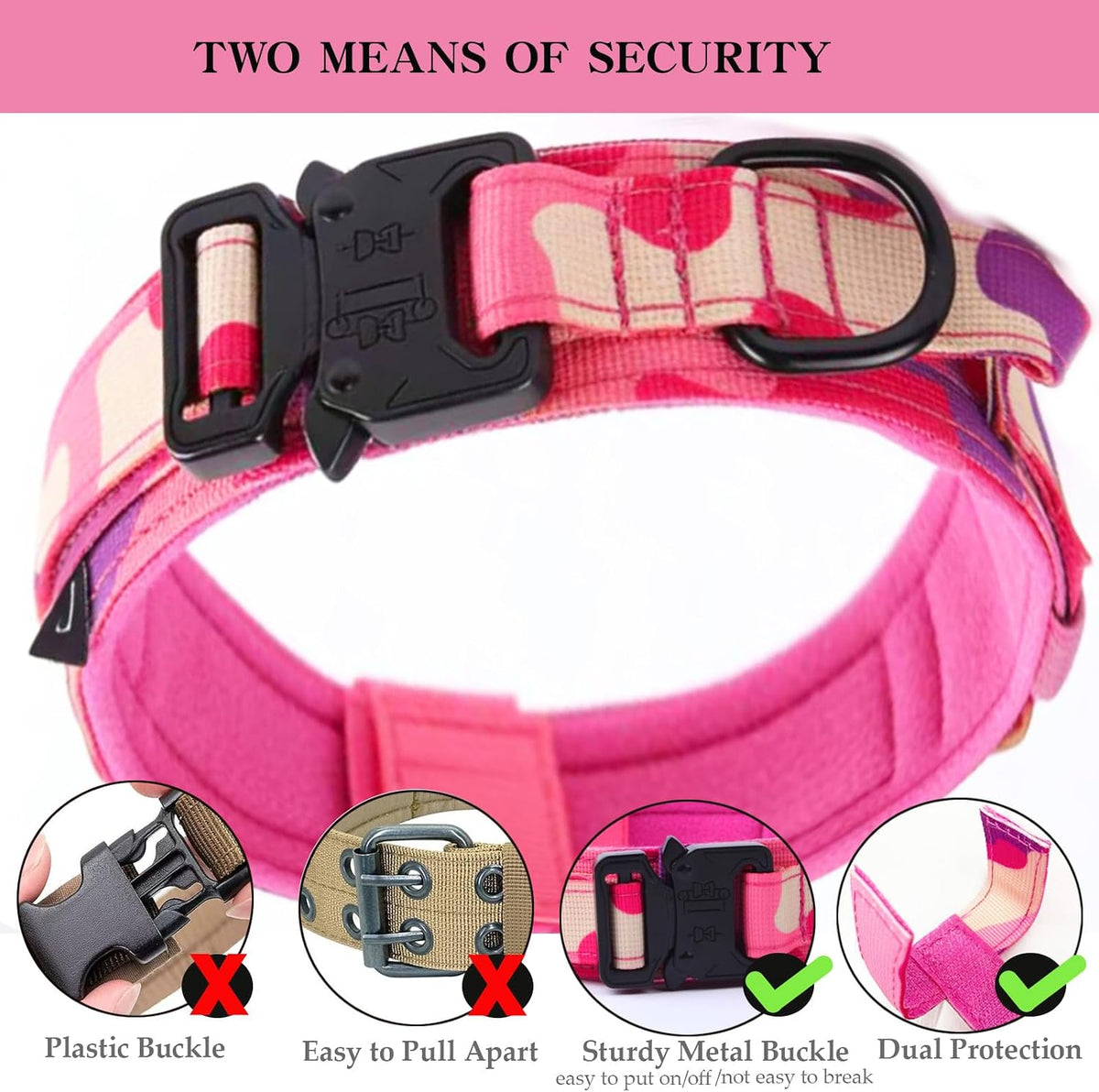 Tactical Dog Collar Adjustable Military Nylon Dog Collar with Control - Large (Pack of 1) / Pink Camo - image 2