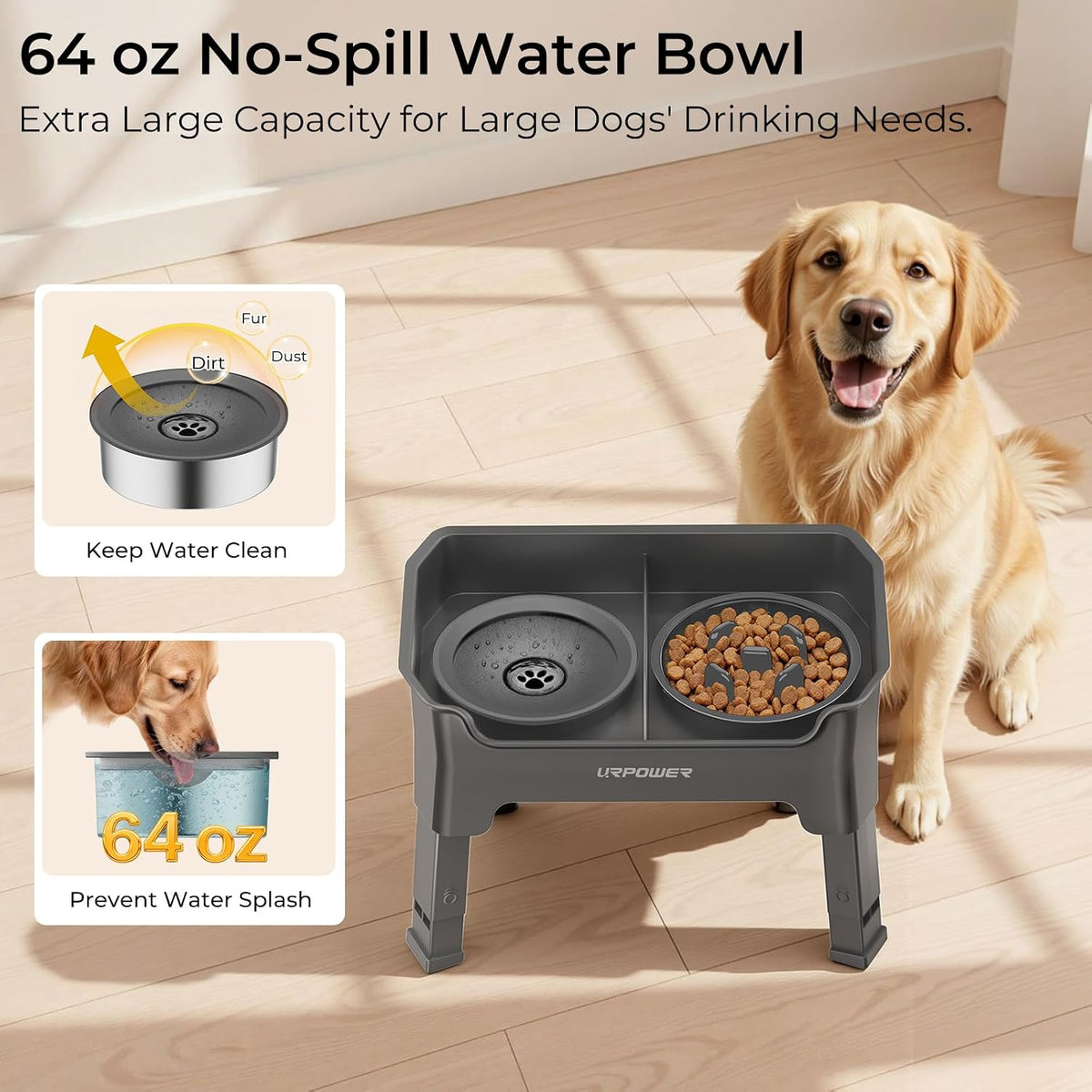 URPOWER Mess Proof Elevated Dog Bowls 4 Height Adjustable Raised Stand – Essentials for Dogs - Grey / Large - image 2