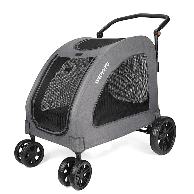 Large Dog Travel Stroller with 4 Heavy Duty Wheels Pet Stroller with Adjustable Handle - Double Doggie Capacity Jogger Wagon with Back Front Door for Small Medium Large Dogs (Dark Light Gray)