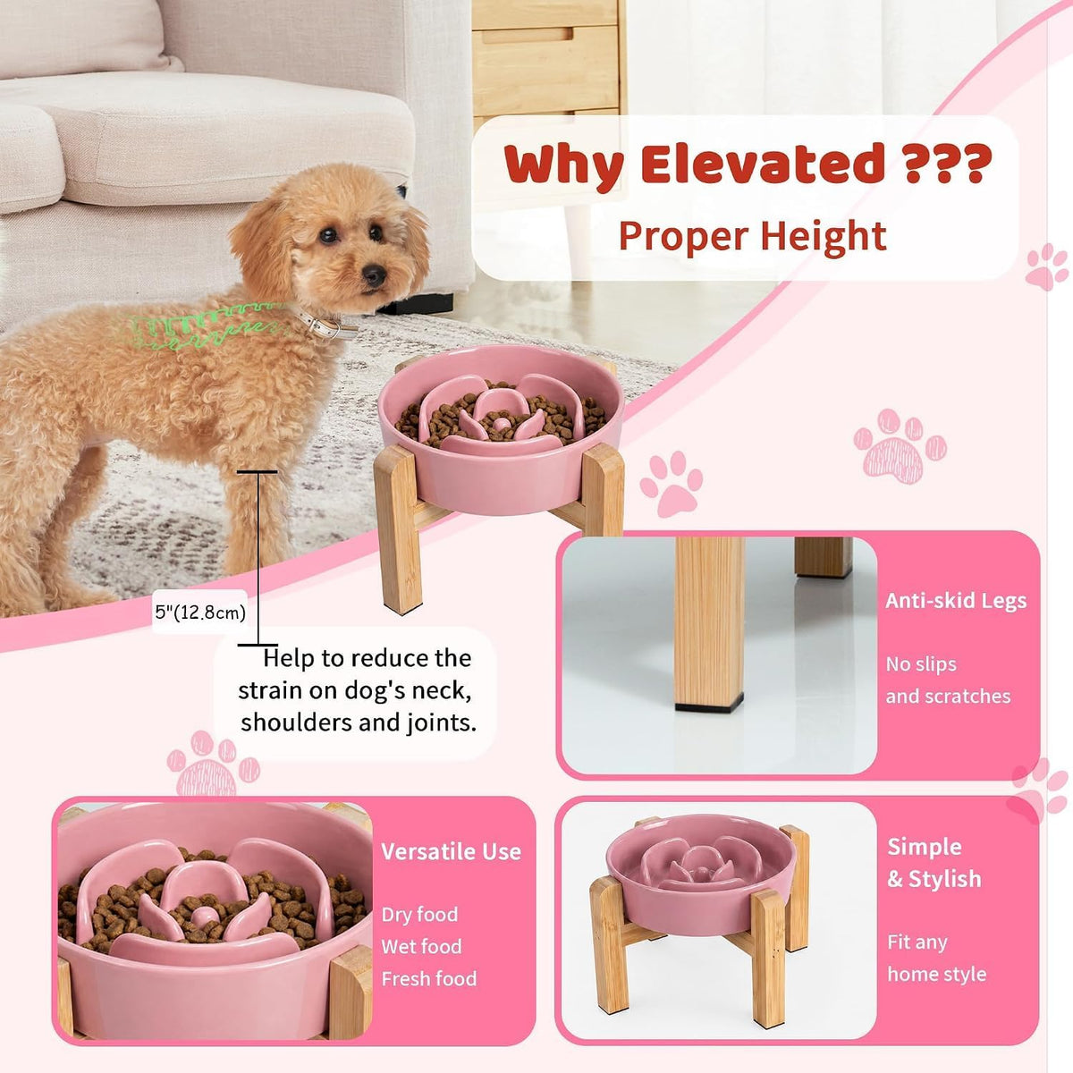 Elevated Slow Feeder Dog Bowl - Pink / 1.5 Cups - image 4