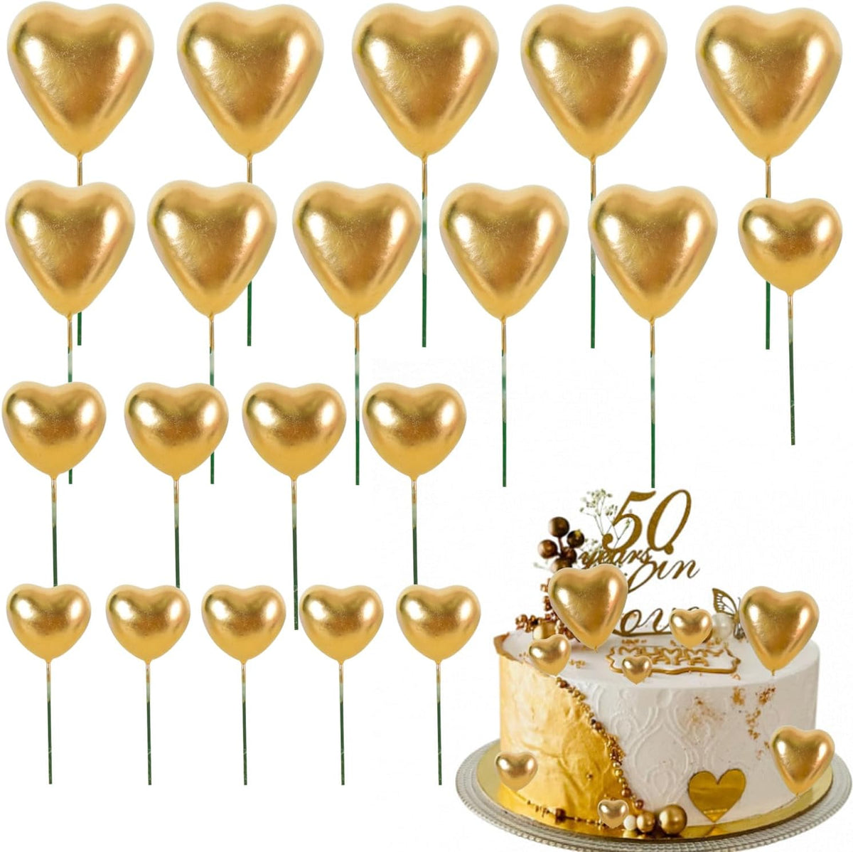 BEISHIDA 20 PCS Gold Mini Ball Cake Toppers Foam Cake Balls - Heart-gold