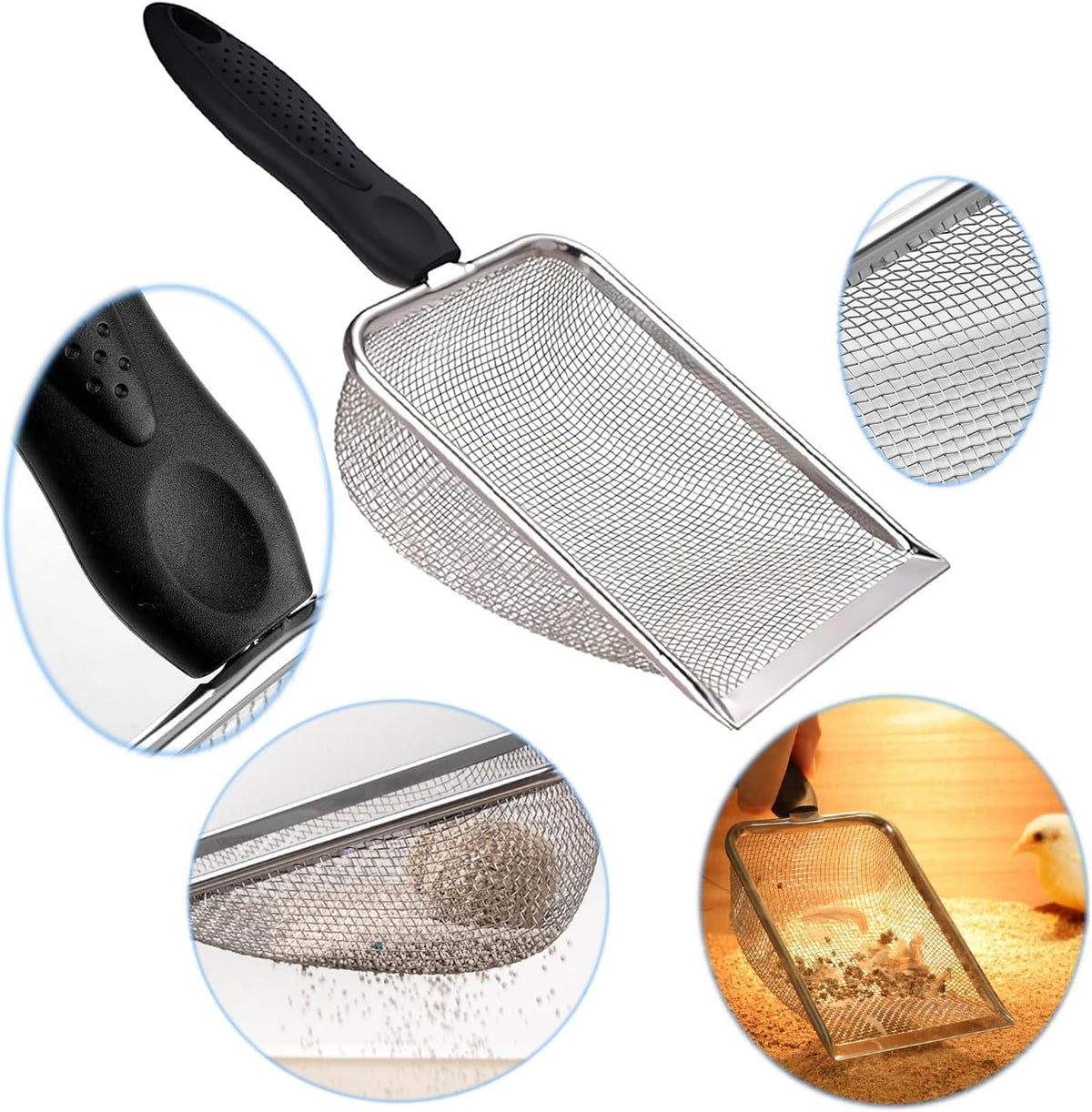 Cat Litter Scoop, Stainless Steel Cats Sturdy Mesh Scooper Kitty Metal Scooper Long Handle Scooper - 2mm fine meash cat litter scoop - image 3