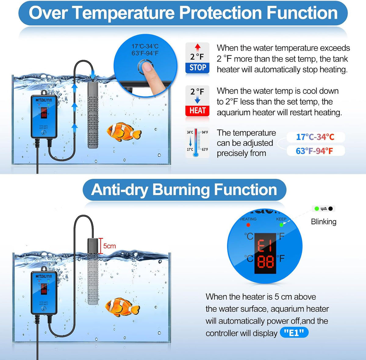 HiTauing Aquarium Heater, Upgraded 300W/500W Fish Tank Heater with Intelligent Leaving Water - 200W for 20-40 Gallon - image 2