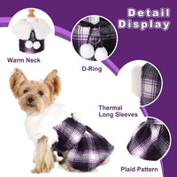 Dog Sweater with Leash Set D Ring Plaid Fleece Dog Clothes for Small - Medium (Chest 17in ) / Purple with Leash - image 2
