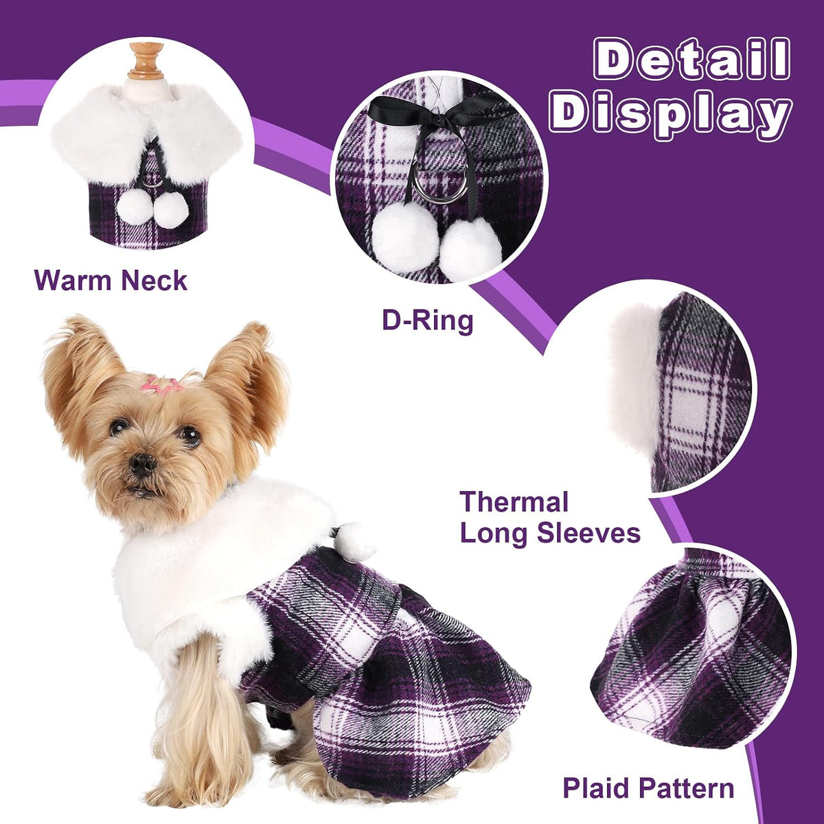 Dog Sweater with Leash Set D Ring Plaid Fleece Dog Clothes for Small - Medium (Chest 17in ) / Purple with Leash - image 2