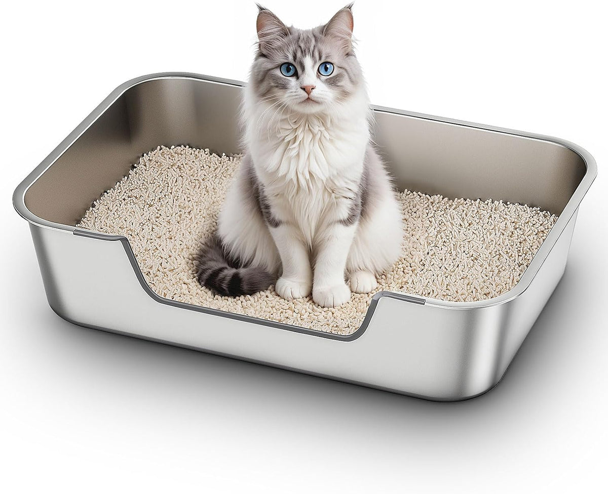 Stainless Steel Cat Litter Box with Low Entry - Silver / 23.4"L x 15.6"W x 5.9"H