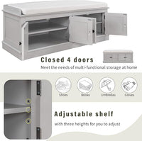 Storage Bench with 4 Doors and Adjustable Shelves, Shoe Bench with Removable Cushion for Living Room, Entryway 42.7" L x 16" W x 17.4" H (Gray Wash)