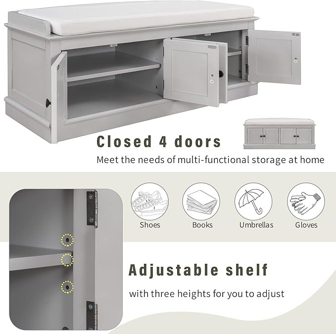Storage Bench with 4 Doors and Adjustable Shelves, Shoe Bench with Removable Cushion for Living Room, Entryway 42.7" L x 16" W x 17.4" H (Gray Wash)