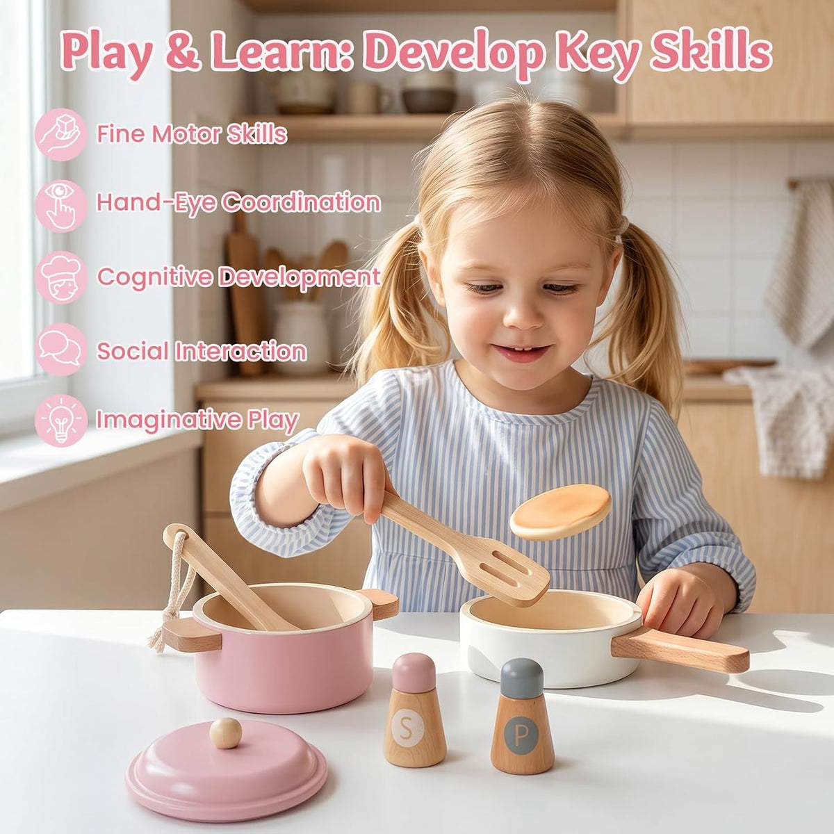 Premium Toddler Play Kitchen Toys, Wooden Kitchen Accessories – Fun for Kids & Family - Pink - image 3