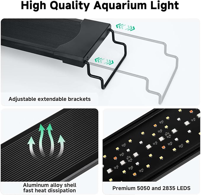 AQQA LED Aquarium Light, 24/7 Mode IP68 Waterproof Extendable Bracket Fish Tank Light, DIY Mode Full Spectrum Aquarium Plant Light, Adjustable Timer/Brightness Memory Function for 32-40 Inch Fish Tank