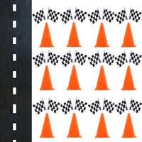 YOELVN race car party cones, six orange 7 inch traffic cones holding checkered flags