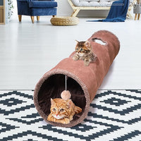 ZENFUN 51"x 12" Collasiple Cat Play Tunnel, Cats Tubes and Tunnels, Cat Foldable Hide and Seek Tunnel Toy, Brown Suede Pet Tube Toy for Rabbits, Ferrets, Puppy, Diameter 12 Inch