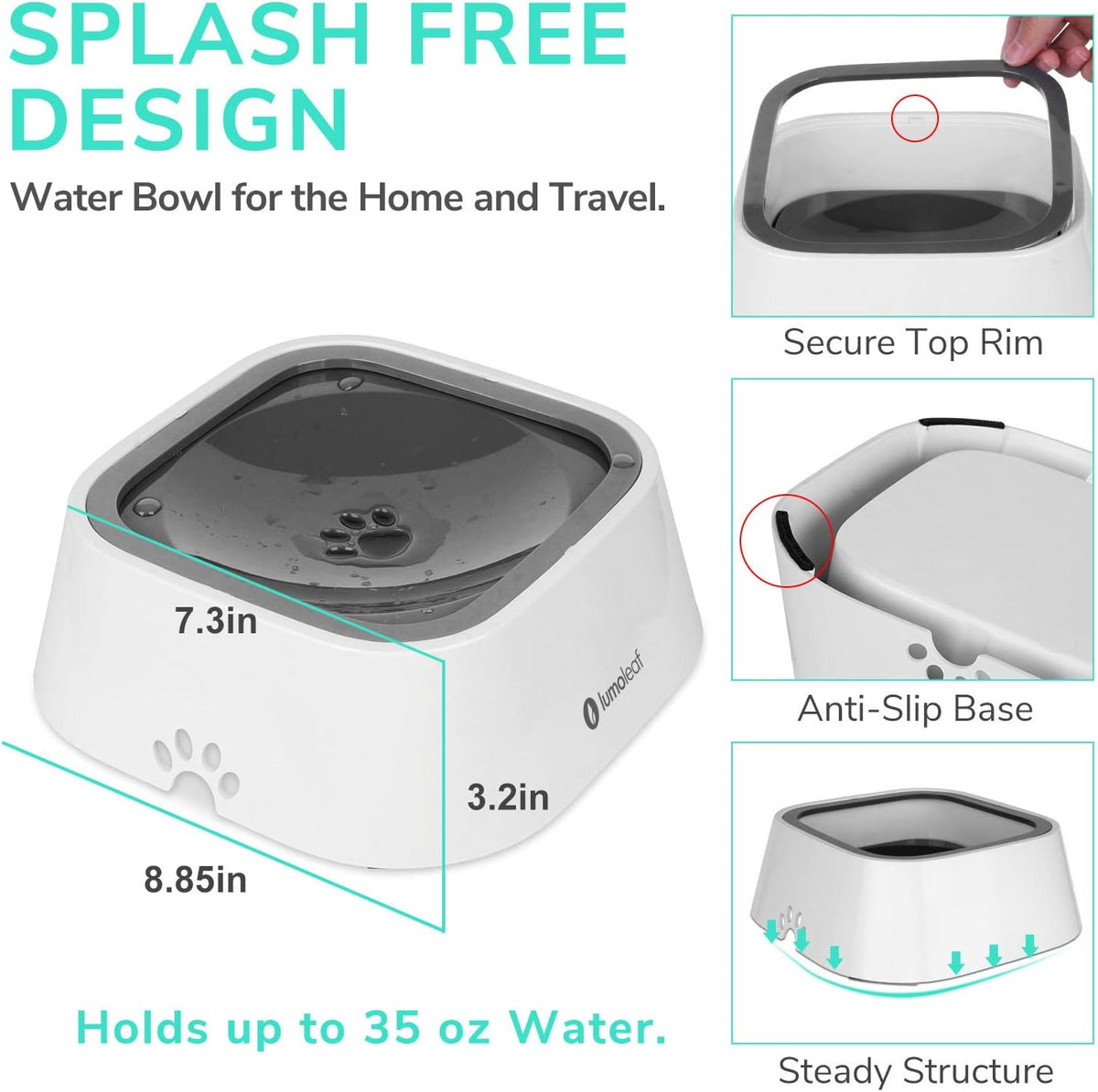 LumoLeaf No Spill Water Bowl for Dogs - Grey / 35 fl oz - image 4