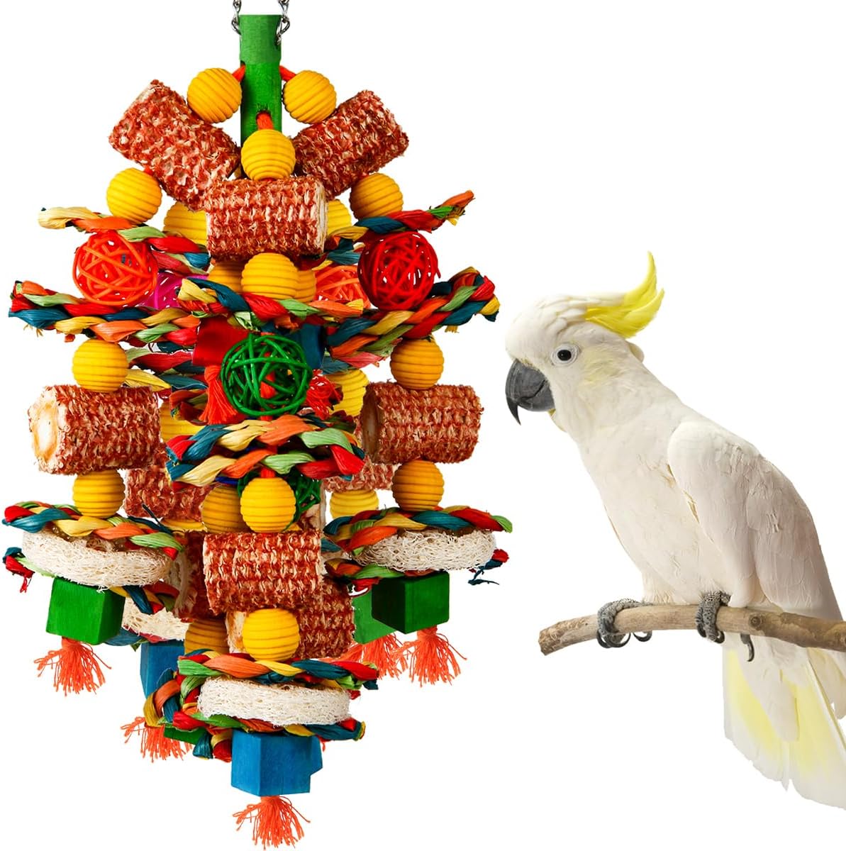 Bird Toys, Natural Corn Cob and Loofah Slices for Large Parrots - Colorful