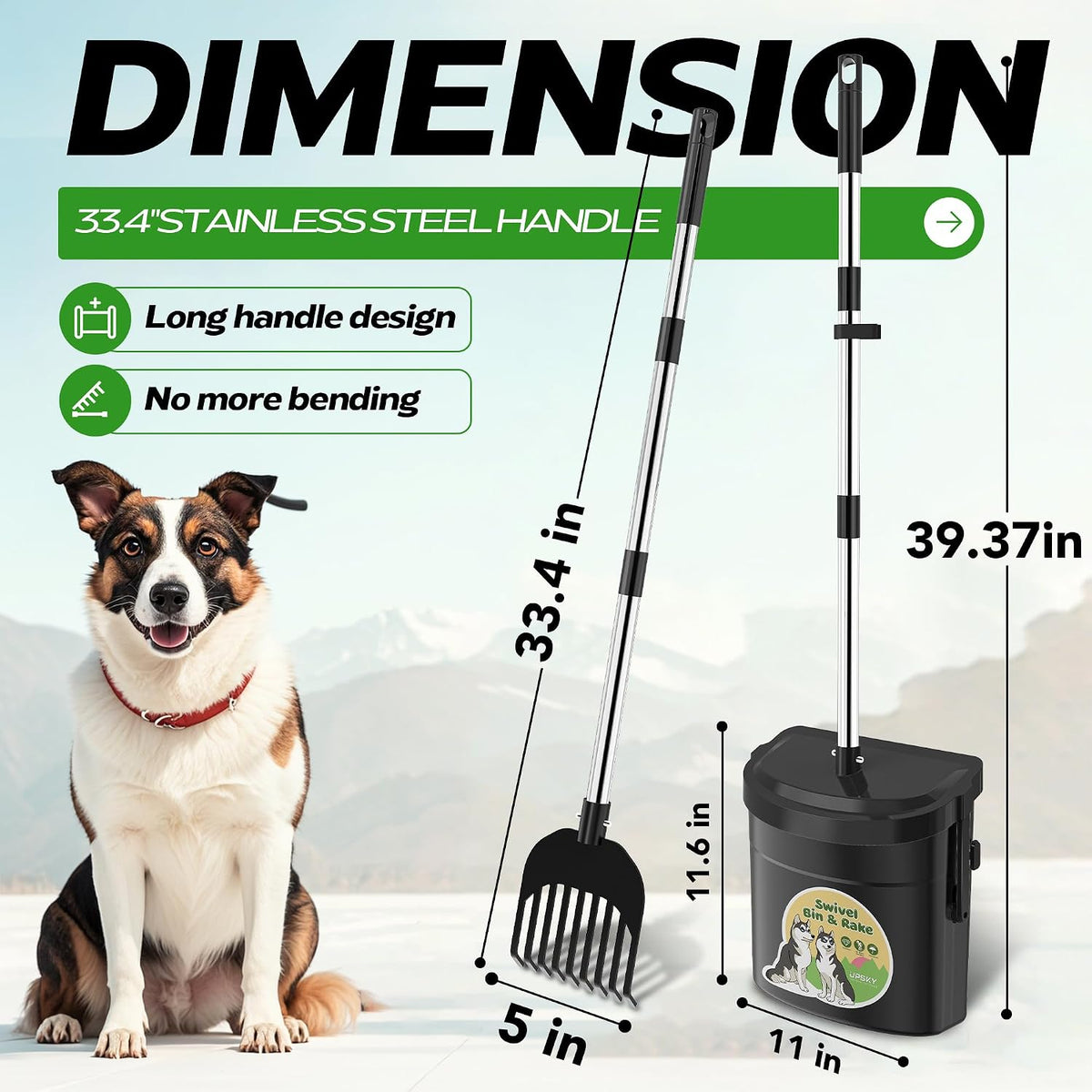 UPSKY 33.4" Dog Pooper Scooper Swivel Bin & Rake Kit with 100 Waste - Black - image 2
