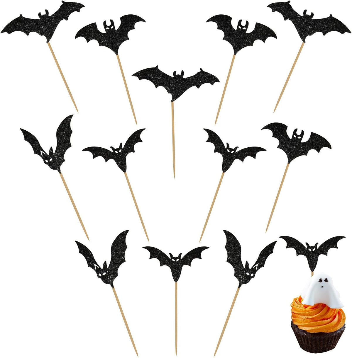 12 black glitter Halloween bat cupcake toppers in 4 patterns on cupcakes