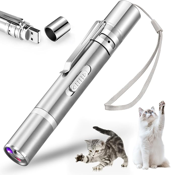 Cat Pointer Toy 2 Pack, Red LED Light Pointer Cat Toys for Indoor, USB Rechargeable 3 Light Colors Interactive Pet Toys, Chaser Training Interactive Toy