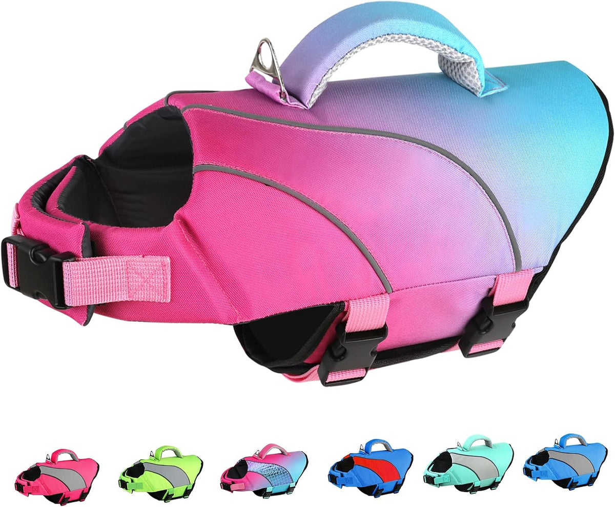 Doglay Dog Life Jacket, Swim Vest for Boating & Swimming - Xs :11.8"-16.5" (Ribcage Girth)- Single Handle / Pink+Aquagreen Gradient