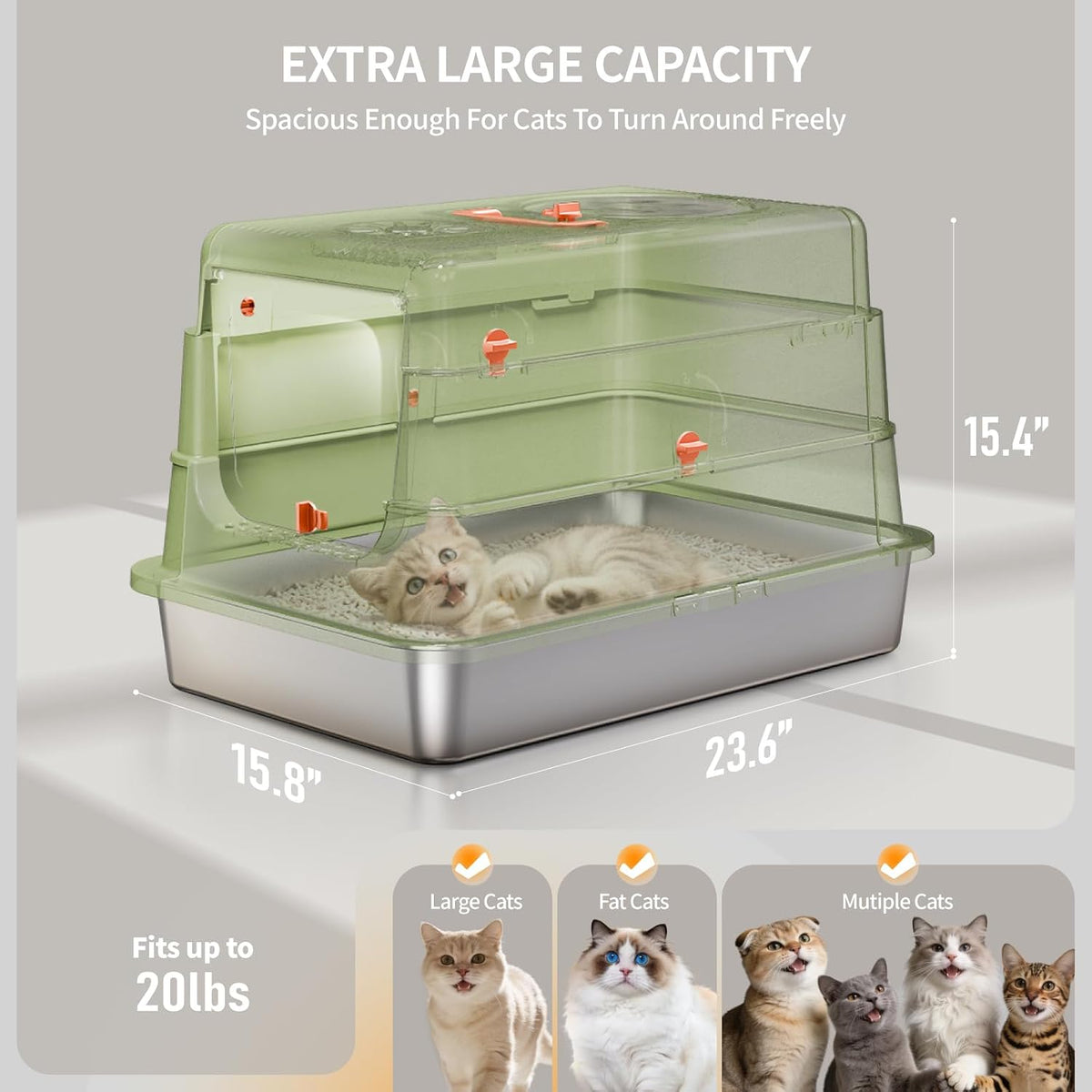 Stainless Steel Cat Litter Box with Lid, XL Large Enclosed - Green - image 2