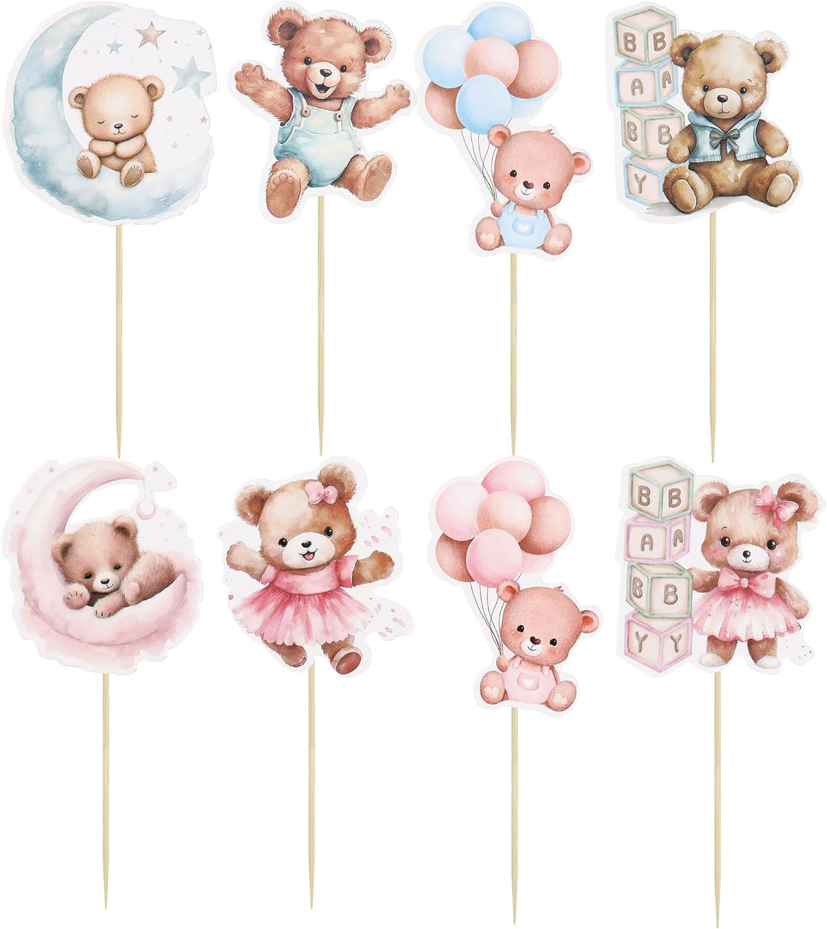 Gyufise 36Pcs Baby Shower Bear Cupcake Toppers Moon Baby Bear Baby - Blue Pink - image 2