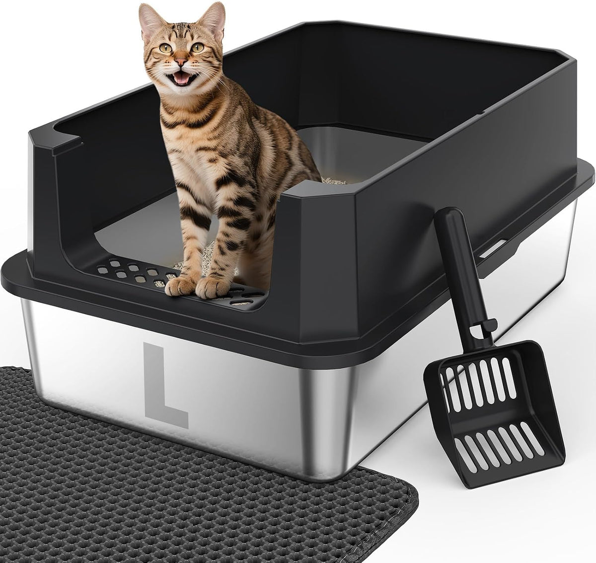 FURTIME Stainless Steel Cat Litter Box - Black / Large