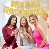 Happy Birthday Banner,Pre-Strung Black and Gold Party Decorations，16ft Pre-Strung Hanging Sign - gold1 - image 2