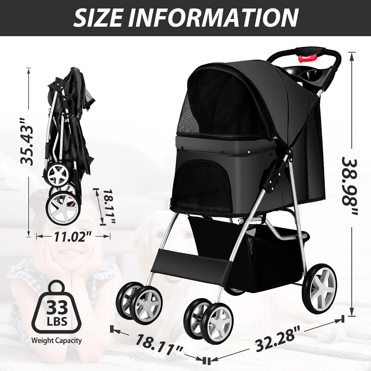 Unisakey Foldable 4-Wheel Pet Stroller for Dogs Cats 10-33lbs - Black - image 2