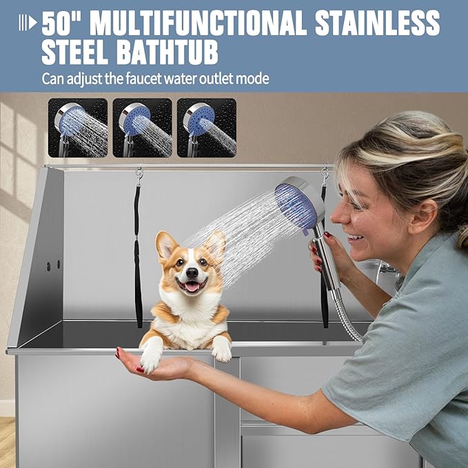 50 Inch Electric Dog Bathing Station For Large Dogs, Height Adjustable Stainless Steel Dog Pet Washing Station, Professional Dog Grooming Tub With Electric Lift, Pet Wash Bath Station (50" Right door)