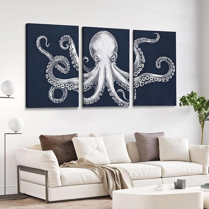 Octopus Wall Decor, Octopus Canvas Wall Art, Ocean Wall Decor,Sea Animal Canvas to Paint for Bathroom, Living Room, Bedroom (12" x 18" x 3 pcs)
