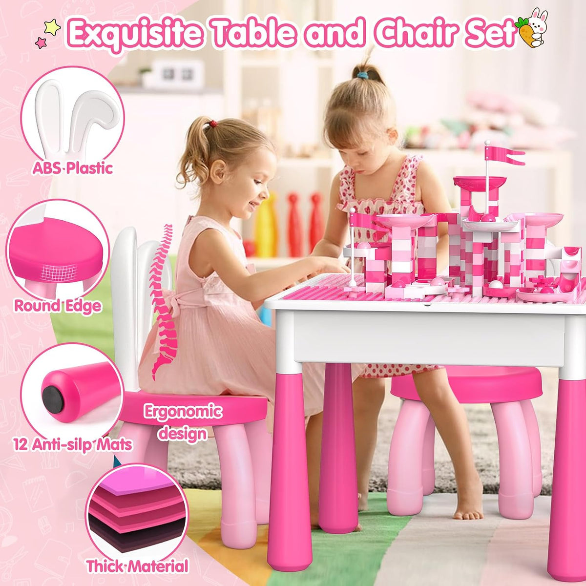 OCATO Kids Table and 4 Chairs Set Activity Table Kid Water Table – Fun for Kids & Family - Table and 2 Bunny Chairs Set - image 4
