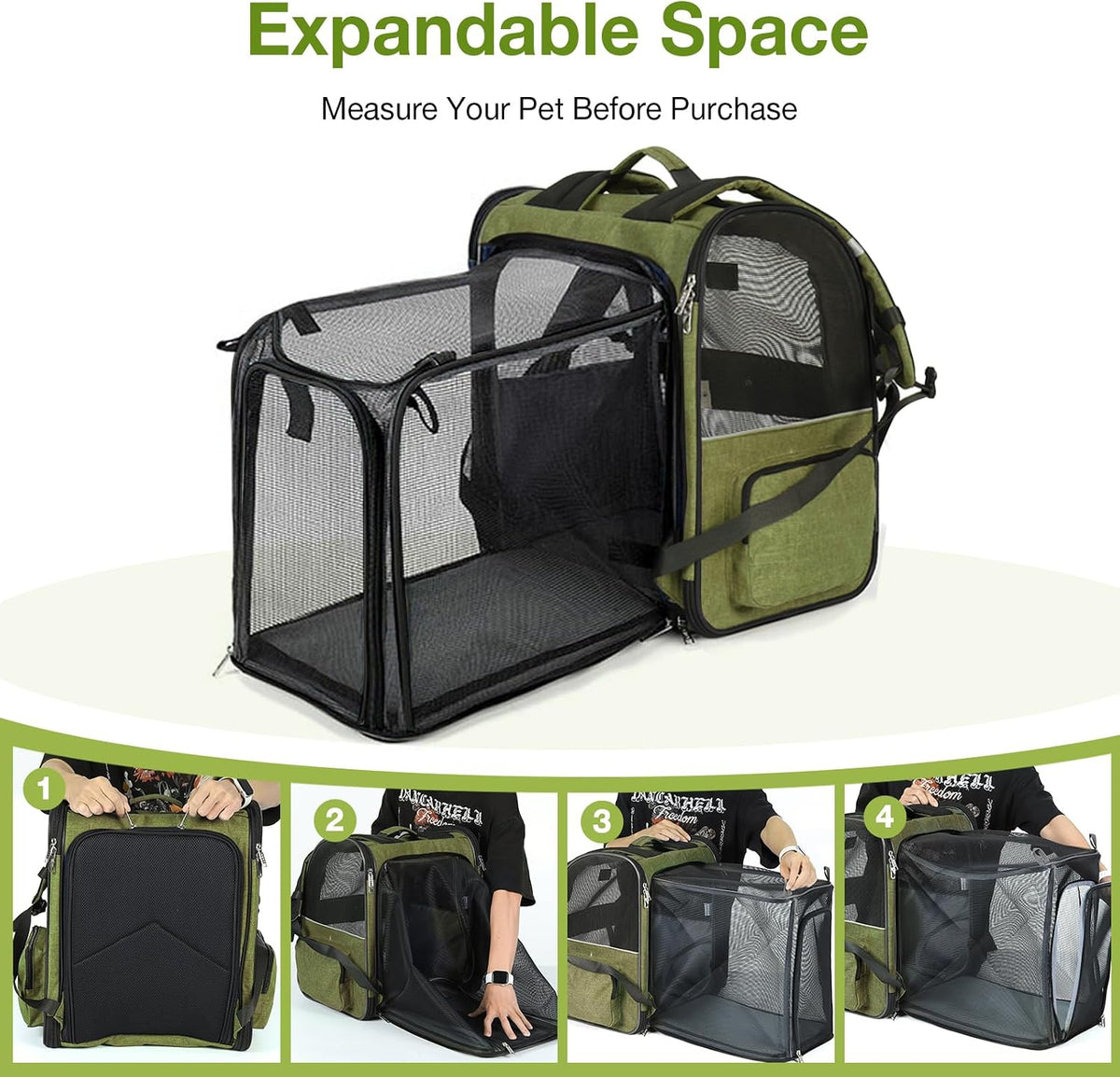 Cat Carrier Backpack, Expandable Pet Carrier with Sun Shade & Full Front Opening, Breathable Mesh - Dark Green / L-Mesh Window - image 4