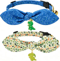 Cotton Bowtie Cat Collar with Bell 2 Pack Adjustable Breakaway Kitten - Dinosaur Set / 7.5-11.4 Inch (Pack of 2)