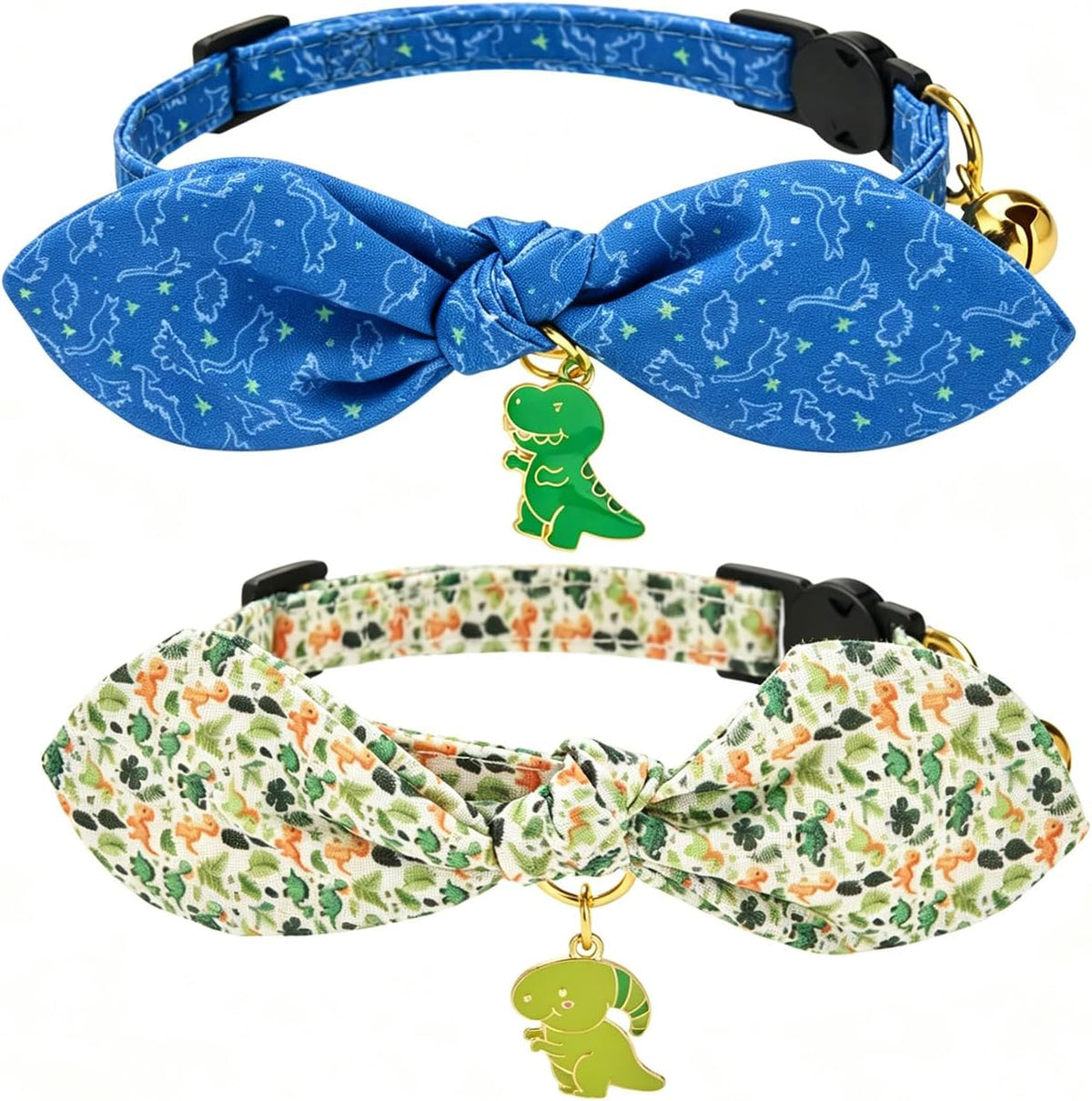 Cotton Bowtie Cat Collar with Bell 2 Pack Adjustable Breakaway Kitten - Dinosaur Set / 7.5-11.4 Inch (Pack of 2)